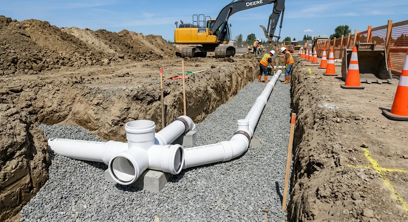 New PVC sewer pipe installation in open trench for Sewer Backup in Mayfield